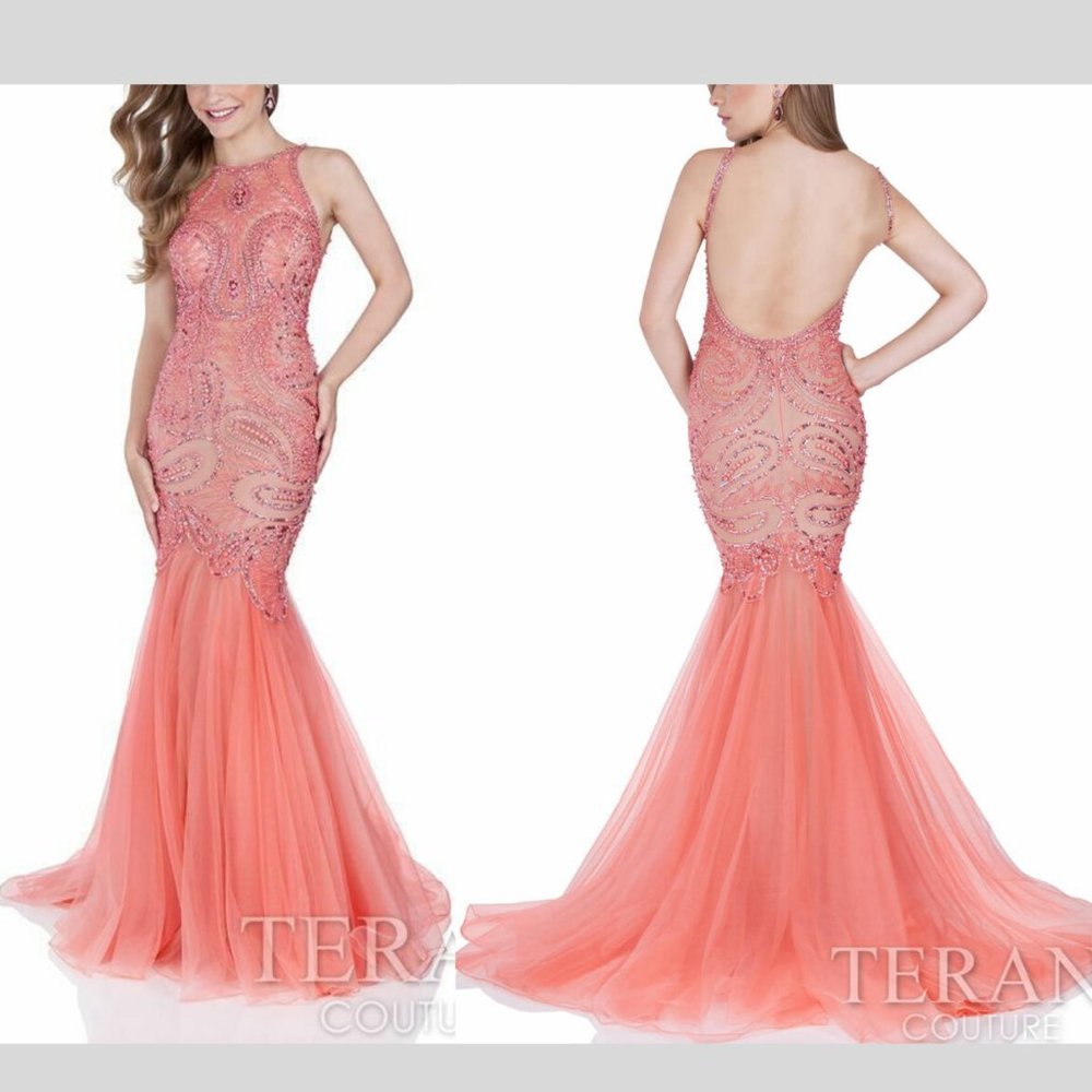 NWT $825‎ Terani Couture Embellished Halter Mermaid Mesh Gown [SZ 6 ]